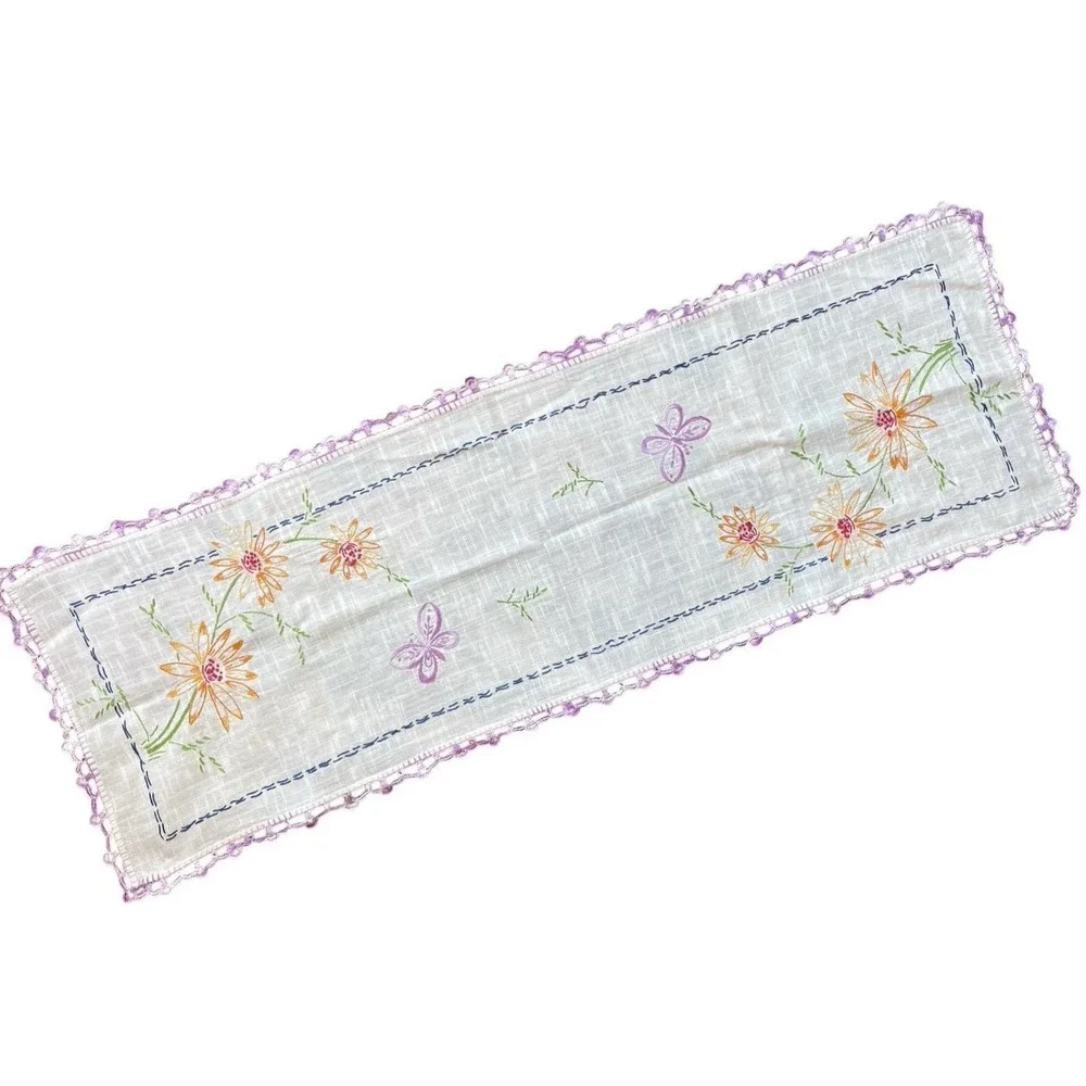 Linen Table Runner Dresser Scarf Embroidery Floral Crochet Purple Edge 36